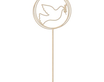 May include: A white dove with an olive branch in its beak is inside a double circle. The dove and circle are cut out of wood and are on a wooden stick.