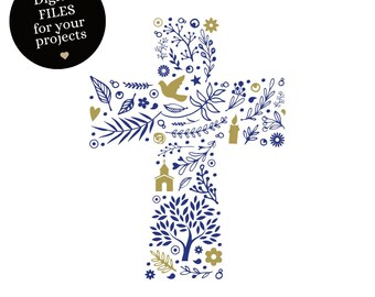 Cross with symbols - blue/gold - confirmation, baptism, first communion - digital file