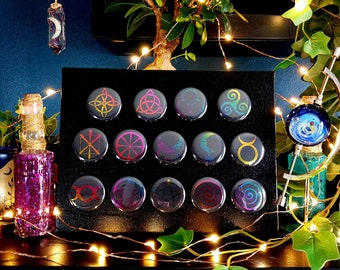 Lot de 14 badges Witchy, symboles de la Wicca, badges noirs foil, pins occulte, broche de sorcière pagan