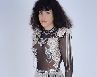 Sheer Fringe Bodysuit | Crystal Rave Outfit | Rhinestone Sexy Catsuit | Festival Costume