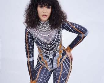 Luxus Kristall Jumpsuit | Strass Rave Outfit Set mit Cape | Festival Tanzkostüm