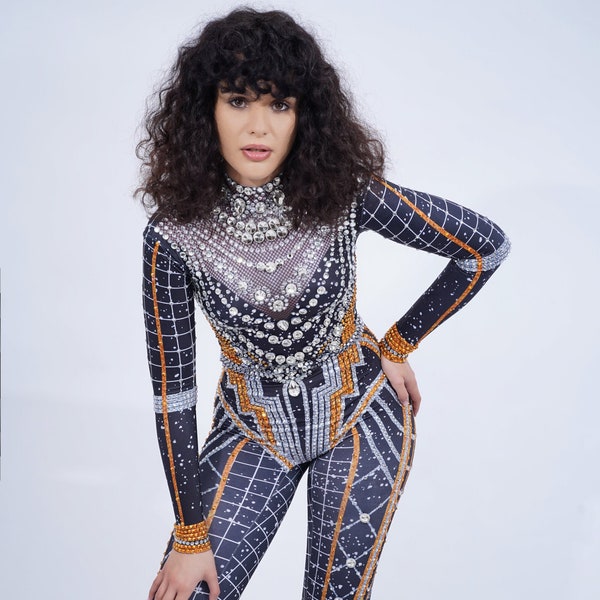 Luxury Crystal Jumpsuit | Rhinestone Rave Outfit Set with Cape | Festival Dance Costume