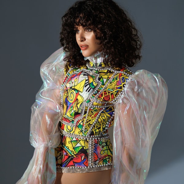 Body de chaqueta de manga de tul abullonado / Traje de patrones de arte geométrico / Traje de festival Rave / Ropa de escenario drag queen