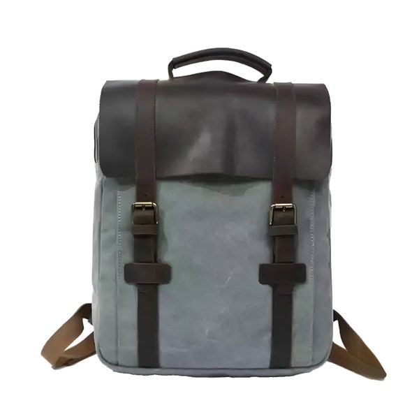 Laptop Canvas Backpack, Handmade Leather Men's, Vintage Travel Bag, Waterproof, School Bag Options, Leather Rucksack, mother's day gifts