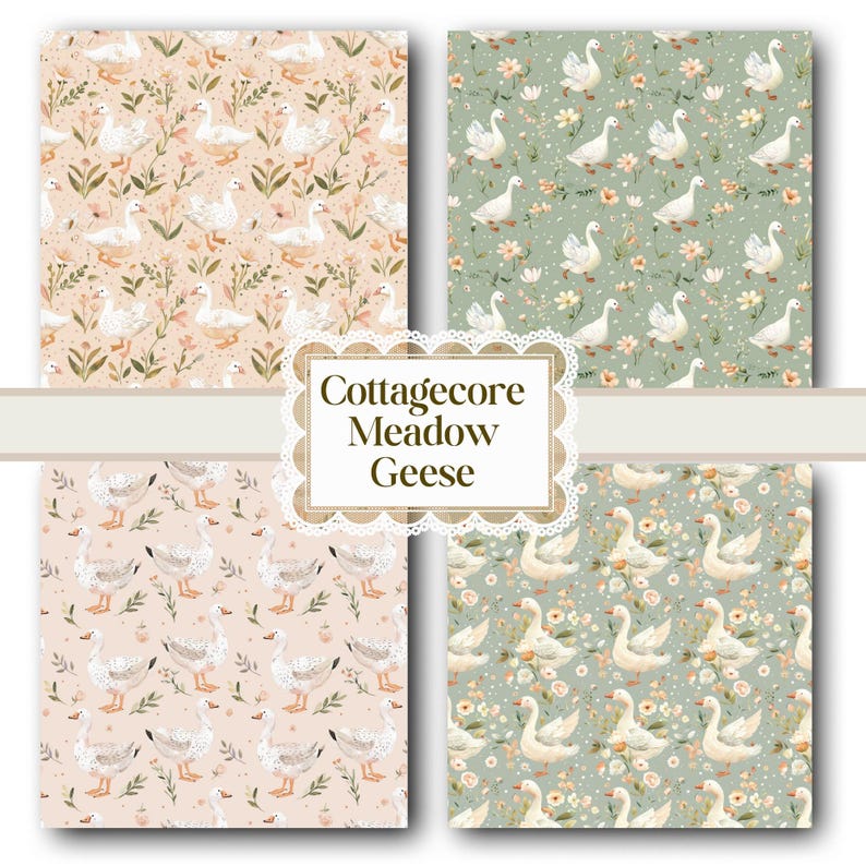 Cottagecore Goose Seamless Pattern, Spring Meadow Digital Paper, Farmhouse Nursery Fabric Print image 2