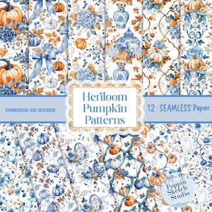 Könnte beinhalten: Eine digitale Sammlung von 12 nahtlosen Mustern mit orangefarbenen Kürbissen, blauen Blumenarrangements und dekorativen Vasen auf weißem Grund. Der Text lautet Heirloom Pumpkin Patterns, 12 SEAMLESS Paper und Poppin Sketch Studio.