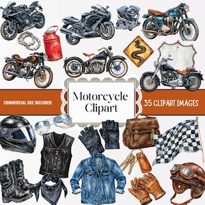 May include: A collection of motorcycle-themed clipart featuring various motorcycles, a red fuel can, a helmet, leather gloves, a denim jacket, a leather vest, a checkered flag, sunglasses, keys, and a vintage-style helmet with the text Motorcycle Clipart.