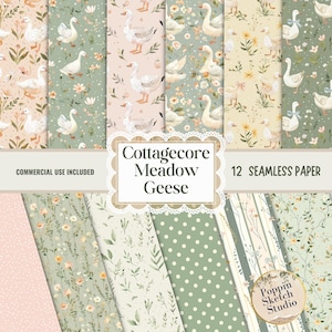 May include: A collection of 12 seamless papers with a cottagecore theme. The designs feature geese, flowers, and foliage in soft pastel colors. The text on the image reads "Cottagecore Meadow Geese" and "Commercial Use Included".