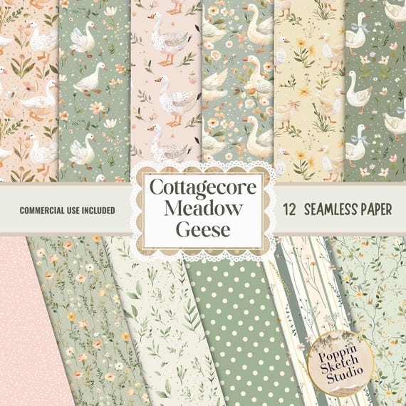 Cottagecore Goose Seamless Pattern, Spring Meadow Digital Paper, Farmhouse Nursery Fabric Print