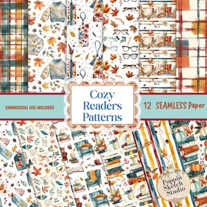 May include: A collection of 12 seamless digital paper patterns featuring autumn-themed illustrations including jumpers, spectacles, stacks of books, armchairs, pumpkins, and fall foliage in a warm colour palette with plaid and striped designs.
