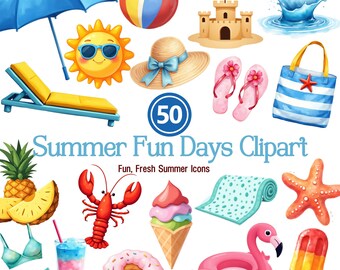 Summer Fun Clipart Bundle, Beach Pool Party Graphics (50 PNG) (Digital Download)