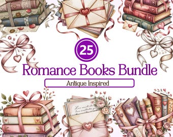 Paquete de imágenes prediseñadas de libros PNG, libros de amor de inspiración vintage, ilustraciones románticas de San Valentín, descarga digital