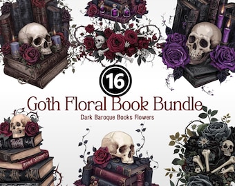 Pilha de livros com estampa floral gótica PNG, clipart estilo Dark Academia (download digital)