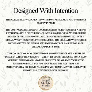 May include: A graphic with the text "Designed With Intention" and additional text describing a collection with a soft, calm aesthetic. The collection features a cottagecore meadow goose bundle with a color palette of sage, cream, and dusty rose. The Poppin Sketch Studio logo is at the bottom.