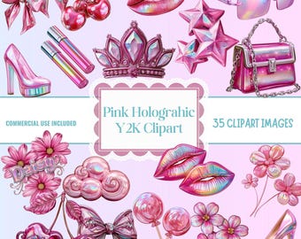 Pink Holographic Y2K Clipart Bundle Coquette Glam PNG Cherry Bow Fashion Graphics
