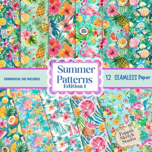 Könnte beinhalten: Eine Sammlung von 12 nahtlosen digitalen Papiermustern mit tropischen Motiven wie Ananas, rosa Flamingos, Hibiskusblüten, Muscheln, Seesternen, Zitrusfrüchten und Segelbooten in leuchtenden Rosa-, Orange-, Grün- und Blautönen.