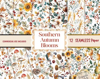 Fall Seamless Patterns, Southern Harvest Watercolor Digital Paper Bundle, Floral Fabric Backgrounds