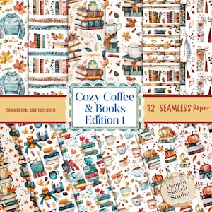 Books and coffee pattern, seamless latte and books, printable scrapbook background Autumn Digital  Paper