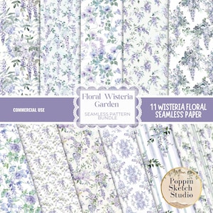 May include: A collection of eleven seamless floral pattern papers featuring wisteria flowers in shades of purple and green on a white background. The text "Floral Wisteria Garden" and "Seamless Pattern Bundle" are displayed.