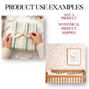 May include: A gift wrapped in floral patterned paper with a cream ribbon. The paper has vertical green stripes and small yellow flowers. A framed goose illustration hangs above a wooden crib with a patterned bumper.