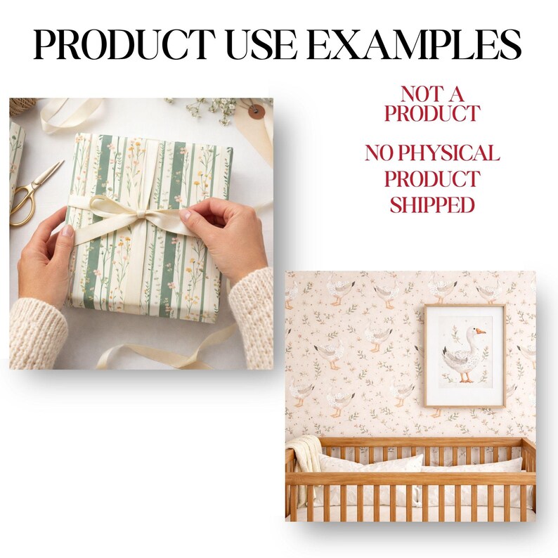May include: A gift wrapped in floral patterned paper with a cream ribbon. The paper has vertical green stripes and small yellow flowers. A framed goose illustration hangs above a wooden crib with a patterned bumper.