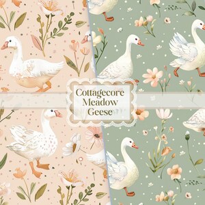 May include: Two seamless patterns featuring white geese, peach-colored flowers, and green foliage. One pattern has a peach background, the other a sage green. The text "Cottagecore Meadow Geese" is in a decorative frame.
