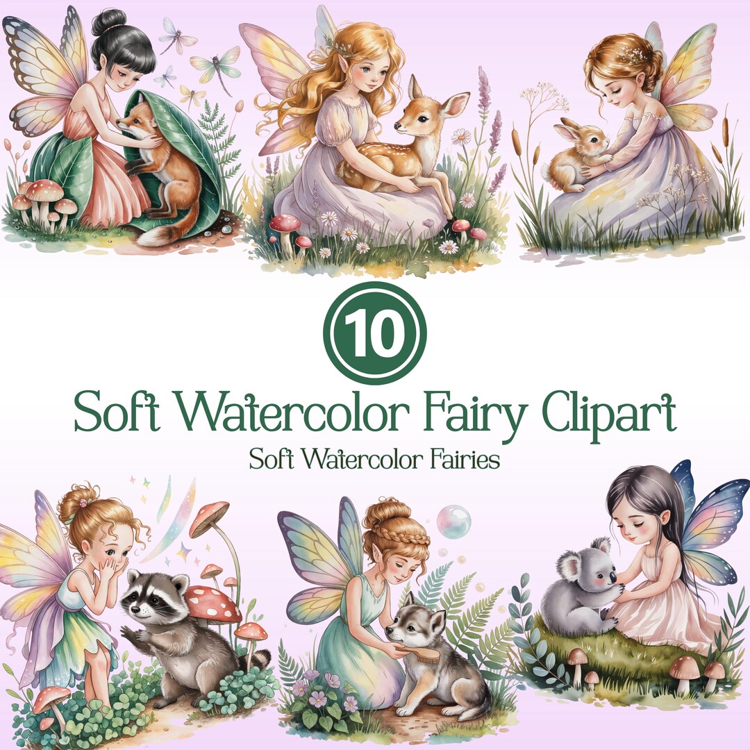Watercolor Fairy Clipart PNG Bundle, Soft Pastel Fantasy Girl Art ...