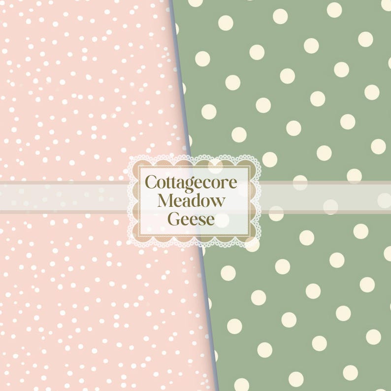 May include: Two patterned backgrounds, one pink and one green, each with white polka dots. A white banner with the text "Cottagecore Meadow Geese" is centered over the two backgrounds. The pink background has a scattering of white dots.