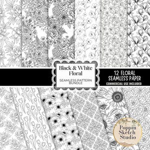 May include: A collection of 12 black and white floral seamless paper patterns. The patterns include various flower designs such as roses, sunflowers, and tulips. The image also includes the text "Black & White Floral Seamless Pattern Bundle".