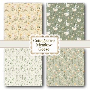 May include: Four patterned papers with a cottagecore theme. The patterns include geese with blue bows, floral designs, and leafy sprigs. The text "Cottagecore Meadow Geese" is in a decorative frame.