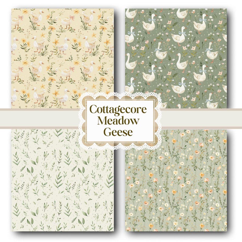 May include: Four patterned papers with a cottagecore theme. The patterns include geese with blue bows, floral designs, and leafy sprigs. The text "Cottagecore Meadow Geese" is in a decorative frame.