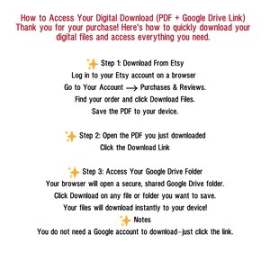 May include: A white document with black text provides instructions on how to access a digital download from Etsy. The steps include downloading from Etsy, opening a PDF, and accessing a Google Drive folder. The document is designed to help customers quickly download their digital files.