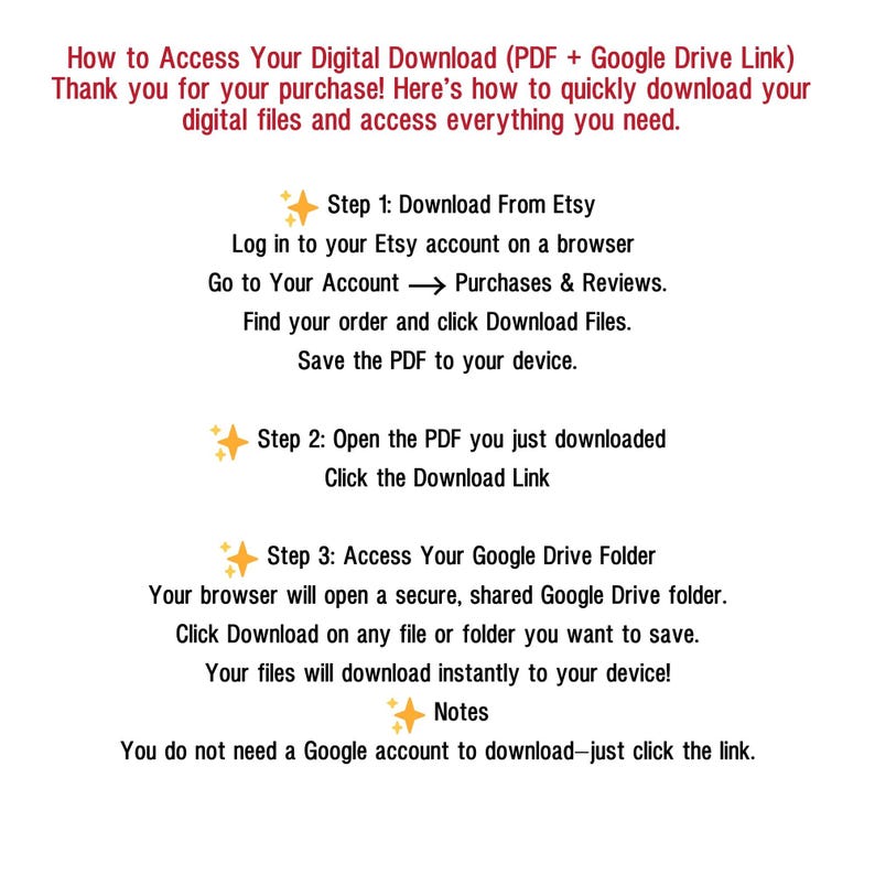 May include: A white document with black text provides instructions on how to access a digital download from Etsy. The steps include downloading from Etsy, opening a PDF, and accessing a Google Drive folder. The document is designed to help customers quickly download their digital files.