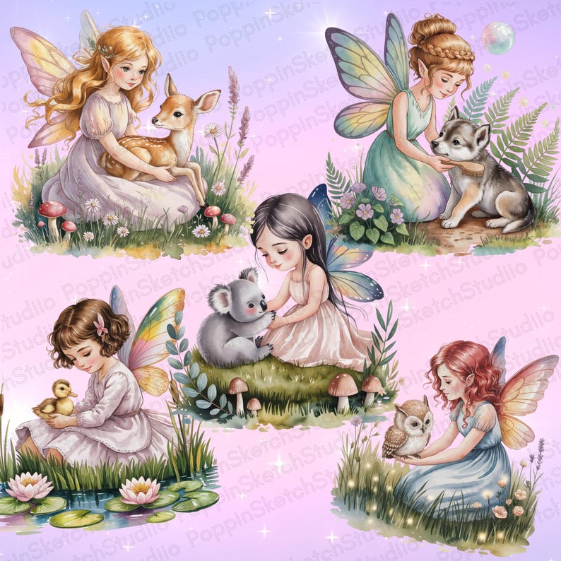 Watercolor Fairy Clipart PNG Bundle, Soft Pastel Fantasy Girl Art ...