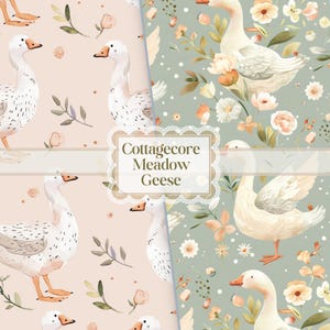 May include: Two seamless patterns featuring white geese with orange beaks and feet, surrounded by floral elements. One pattern has a pink background, the other a sage green. The text "Cottagecore Meadow Geese" is in a decorative frame.