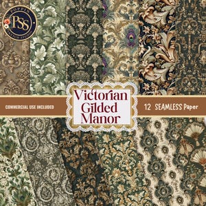 May include: A collection of 12 seamless digital papers featuring intricate Victorian-style patterns in shades of gold, dark green, cream, and black. The designs include ornate scrolls, peacock feathers, and floral motifs with the text Victorian Gilded Manor.
