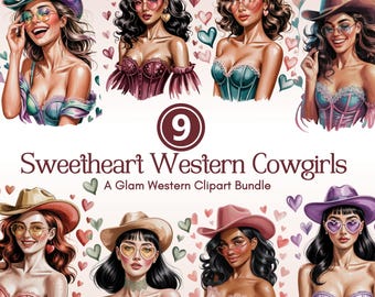 Western Cowgirls PNG bundle, glam clipart set for sublimation, 9 retro cowgirl graphics