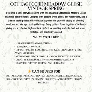 May include: A digital design bundle titled "Cottagecore Meadow Geese Vintage Spring." The image features text describing seamless patterns with white geese, wildflowers, and a pastel color palette. It is suitable for digital paper, fabric, and stationery.