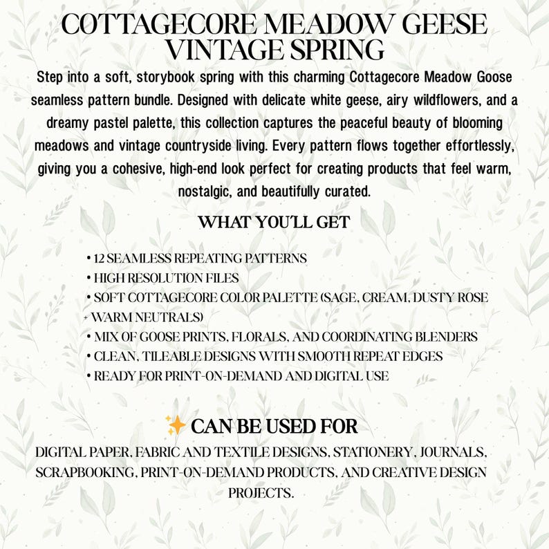 May include: A digital design bundle titled "Cottagecore Meadow Geese Vintage Spring." The image features text describing seamless patterns with white geese, wildflowers, and a pastel color palette. It is suitable for digital paper, fabric, and stationery.
