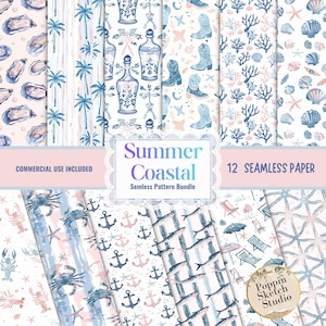 Summer Coastal Seamless Pattern Bundle, Nautical Beach Digital Download