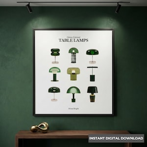 Könnte beinhalten: Ein gerahmter Druck mit neun grünen Tischlampen-Designs. Die Lampen variieren in Form und Stil, mit einer Reihe von Grüntönen. Der Text "Green Colored TABLE LAMPS" und "Shine Bright" sind auf dem Druck zu sehen. "INSTANT DIGITAL DOWNLOAD" ist ebenfalls sichtbar.
