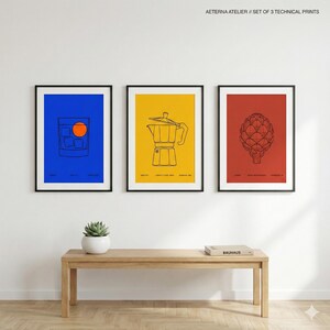 Puede incluir: Conjunto de tres láminas enmarcadas con dibujos lineales minimalistas. Las láminas representan un cóctel, una cafetera y una alcachofa, cada una sobre un fondo azul, amarillo y rojo. El texto "AETERNA ATELIER // SET OF 3 TECHNICAL PRINTS" está en la parte superior.