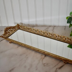 Long Rectangular Mirrored Vintage Vanity Tray, Gold Metal Filigree Mirrored Tray, Perfume Tray, Hollywood Regency