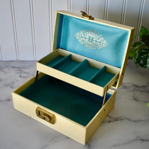 Small Vintage Cream Colored Two-Tier Jewelry Box, Retro Jewelry Chest