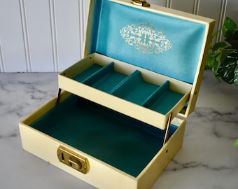 Small Vintage Cream Colored Two-Tier Jewelry Box, Retro Jewelry Chest