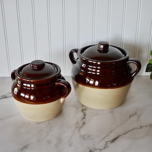 Vintage Two Tone Monmouth Bean Pot with Handles and Lid--Choice of Two, Brown and Tan Crock