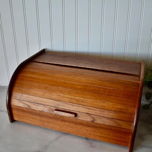 Vintage Teak Wood Tambour Roll Top Bread Box, Kitchen Counter Storage