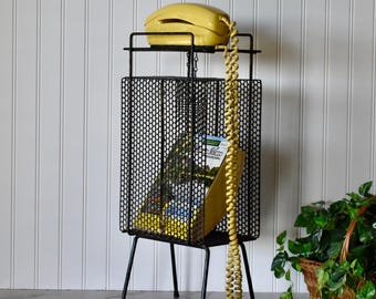 Vintage MCM Black Perforated Metal Richard Galef Style Telephone Stand, Album Holder, Side Table, Plant Stand