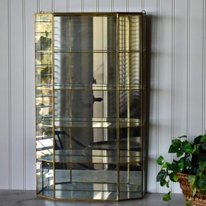 Extra Large Vintage 23 3/4" Brass and Glass Five Compartment Mirrored Hanging Display Case with Slide Closure
