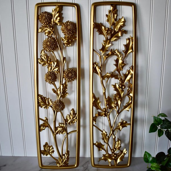 Vintage Midcentury Gold Rectangular Shaped Floral Syroco Wall Plaques - Set of 2